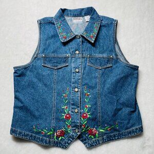Vintage Bill Blass Womens Blue Embroidered Rhinestone Detail Denim Vest Size 1X